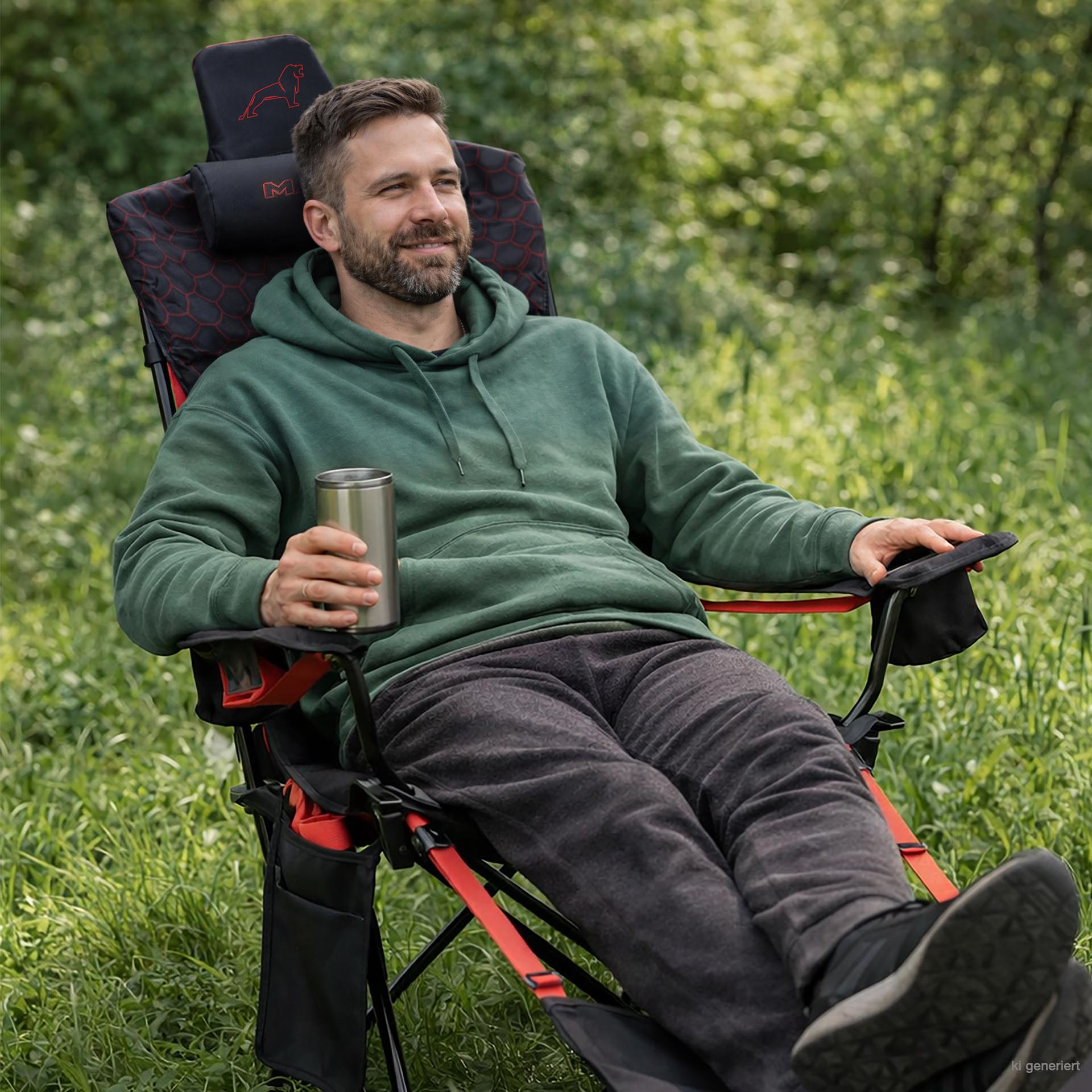 Komfort Campingstuhl mit Nackenkissen, Fußstütze und Getränkehalter, belastbar bis 150kg