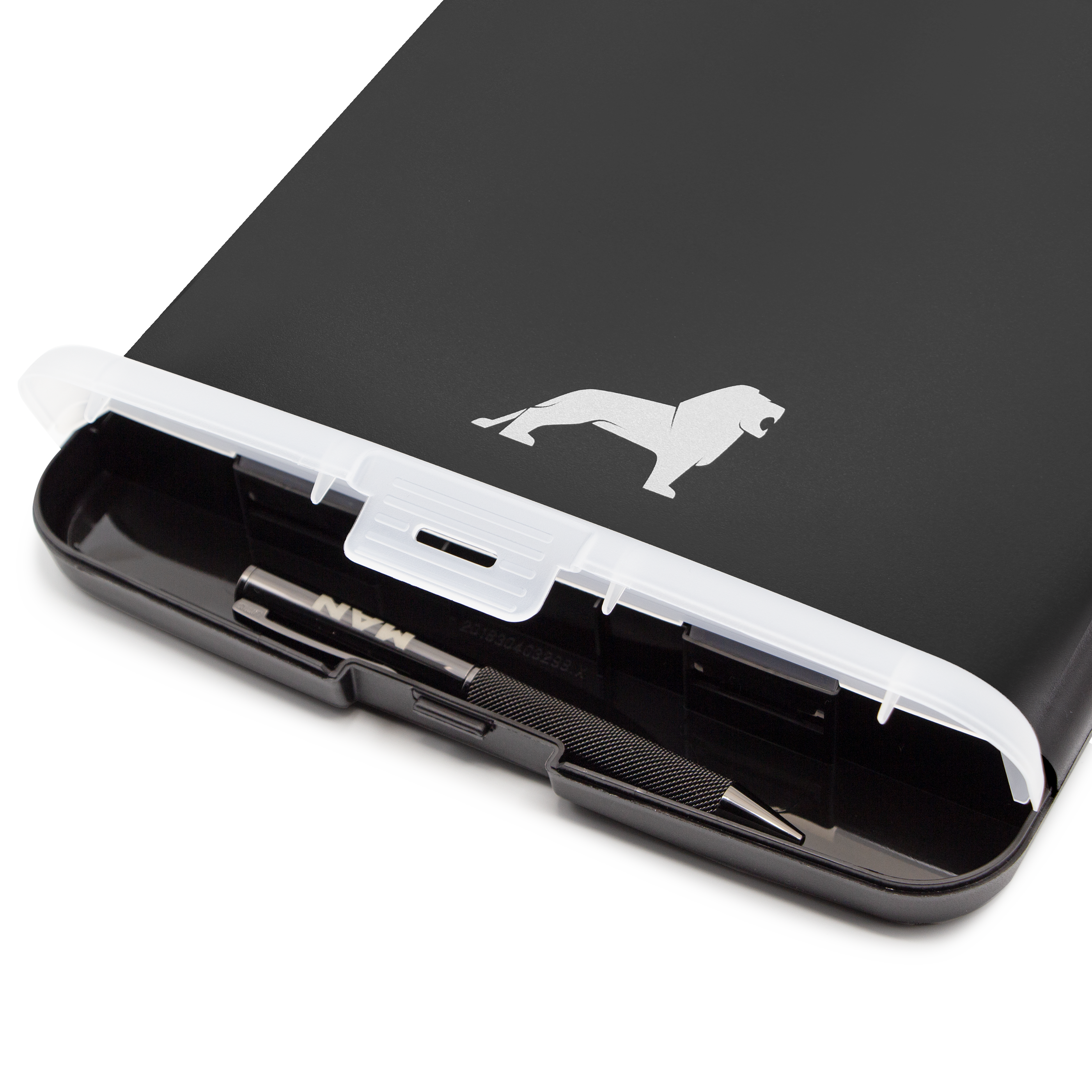 clipboard with document compartment, pen compartment and metal clip