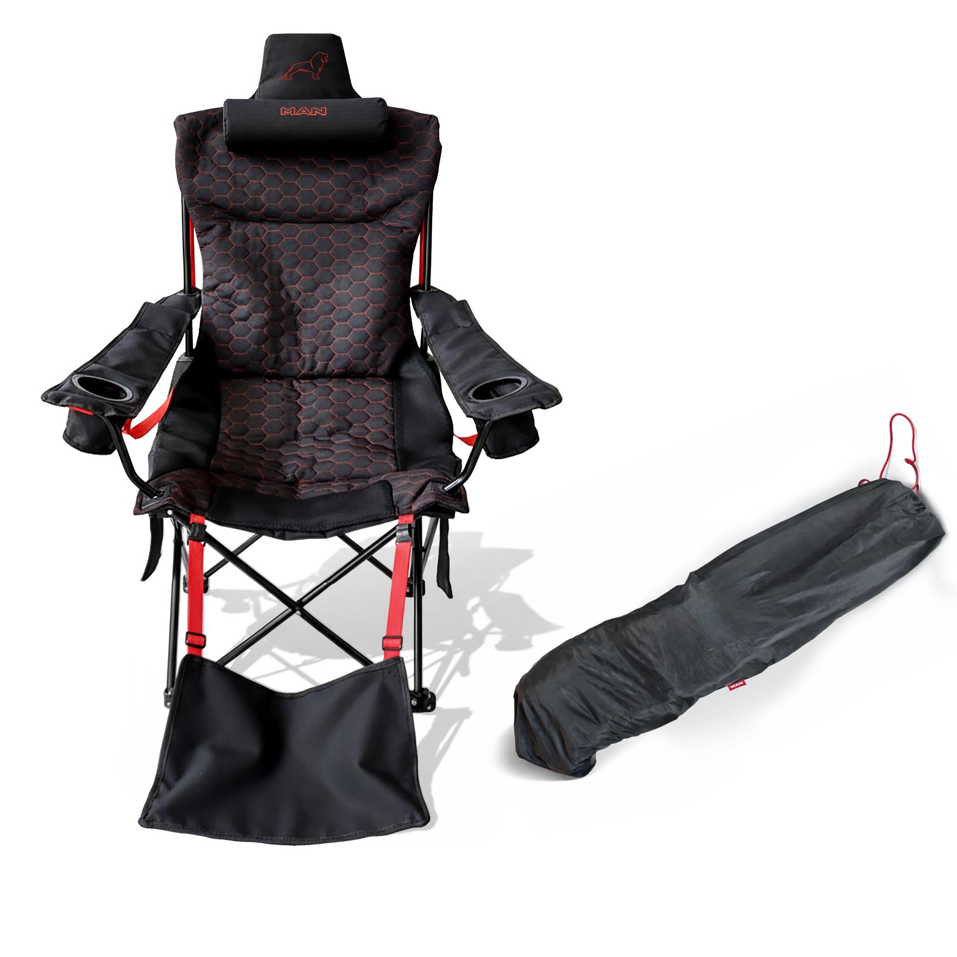 Komfort Campingstuhl mit Nackenkissen, Fußstütze und Getränkehalter, belastbar bis 150kg