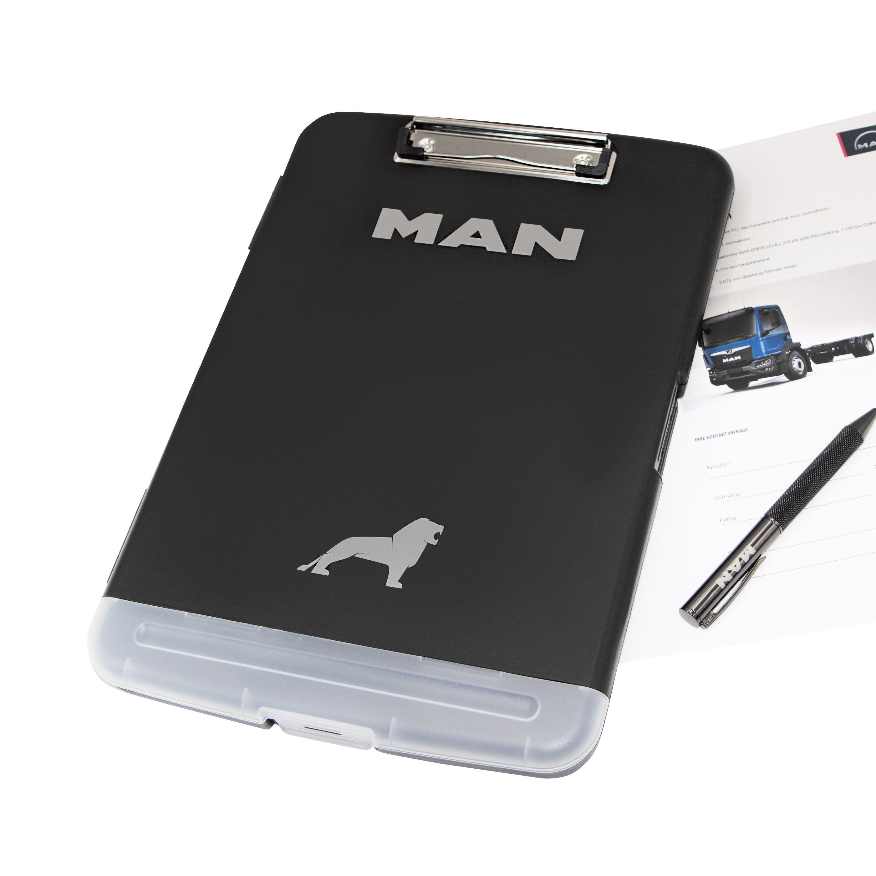 clipboard with document compartment, pen compartment and metal clip