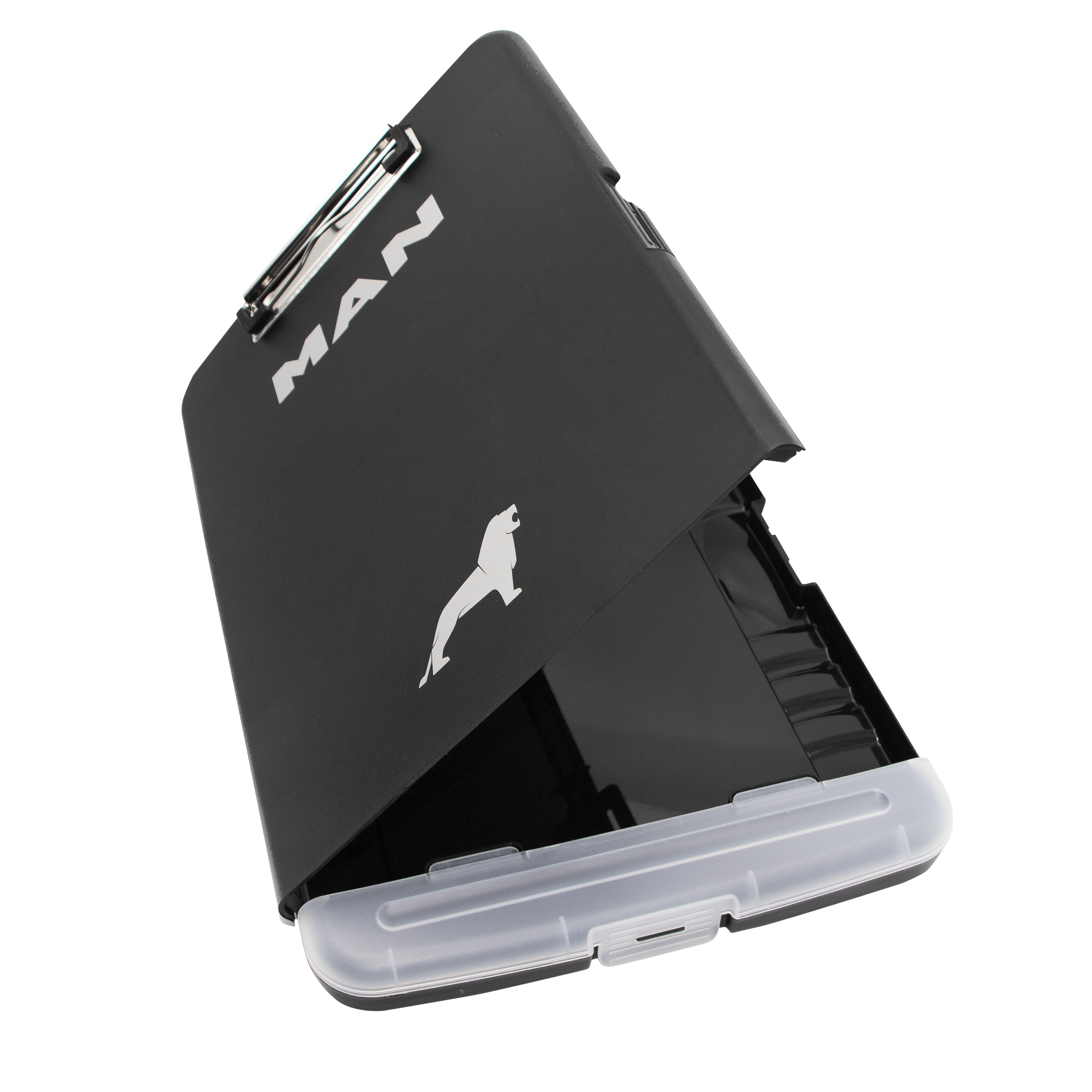 clipboard with document compartment, pen compartment and metal clip